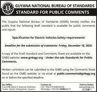 Guyana National Bureau of Standards – Notice – Standards for Public Comments on Specification for Electric Vehicles-Safety Requirements