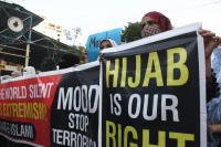 Protest outside Azerbaijan’s embassy in London against hijab ban in schools