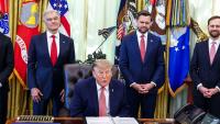 Awkward moment Trump refuses to say he’ll endorse JD Vance in 2028 in front of world media as VP stands behind him