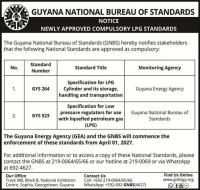Guyana National Bureau of Standards – Notice – Newly Approved Compulsory LPG Standards